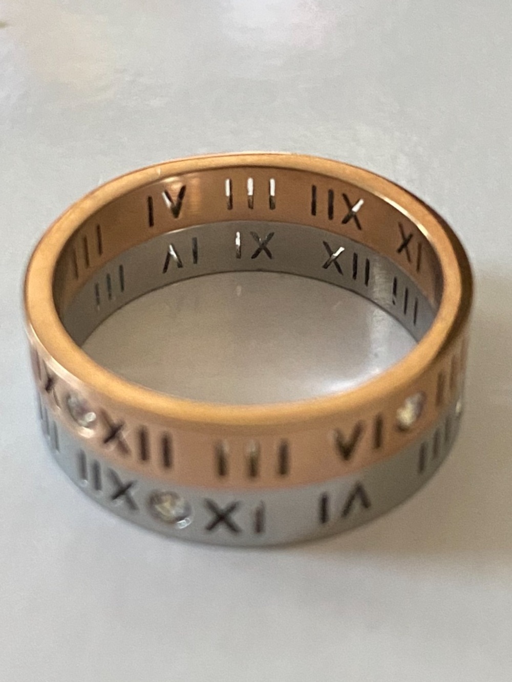 Roman Numeral Stainless Steel Rings with Crystals - Rose Gold & Silver